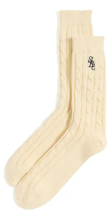 Sporty & Rich Cable Knit Socks Almond Navy One Size | Thumbnail 1