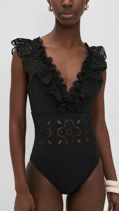 Sea Babette Eyelet V-Neck Ruffled One Piece Black | Thumbnail 2
