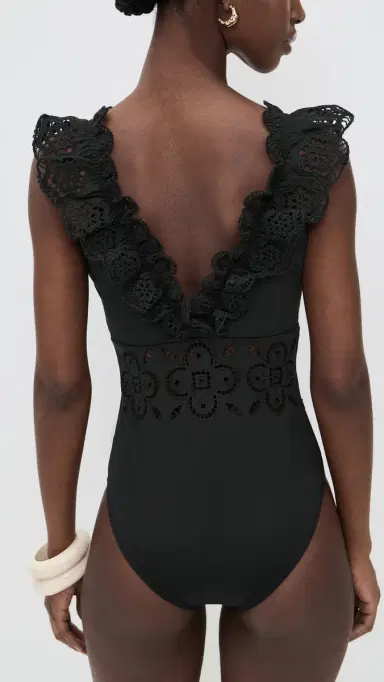 Sea Babette Eyelet V-Neck Ruffled One Piece Black | Thumbnail 3