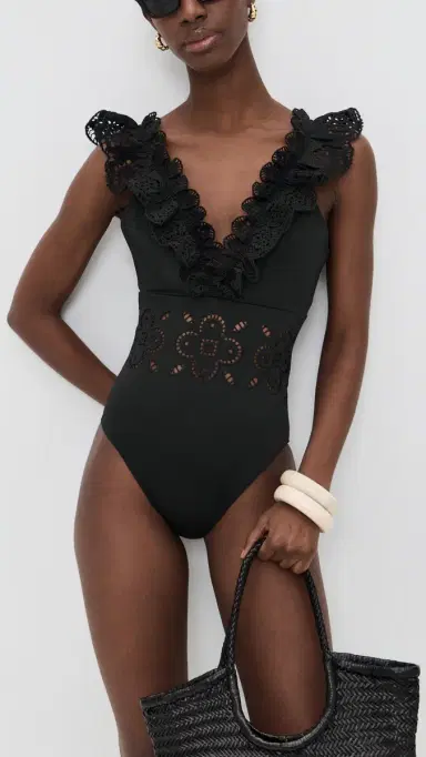 Sea Babette Eyelet V-Neck Ruffled One Piece Black | Thumbnail 5