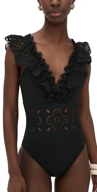 Sea Babette Eyelet V-Neck Ruffled One Piece Black | Thumbnail 1