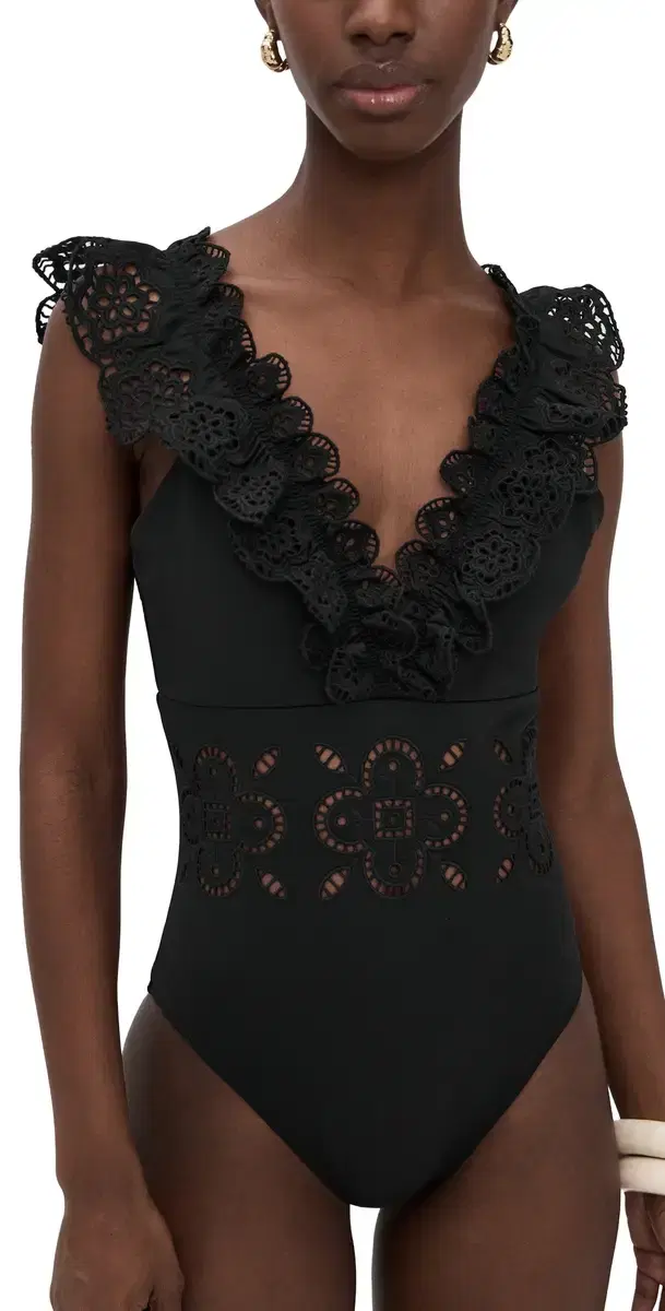 Babette Eyelet V-Neck Ruffled One Piece Black