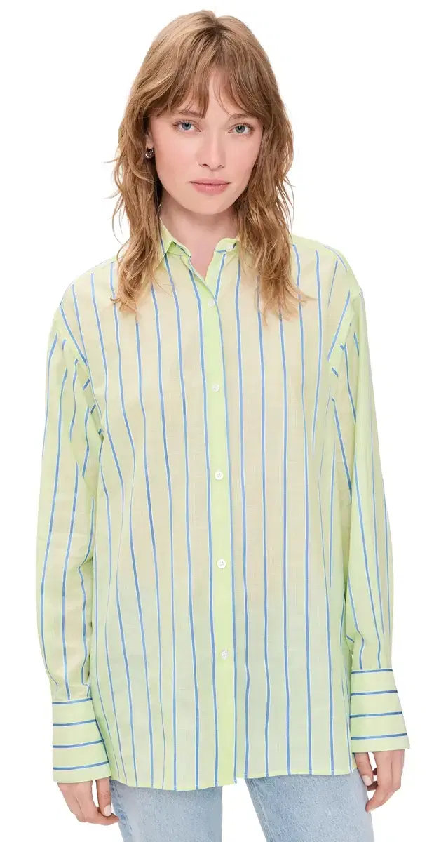 tripe Boxy Long leeve Button Up hirt Kiwi/Azure