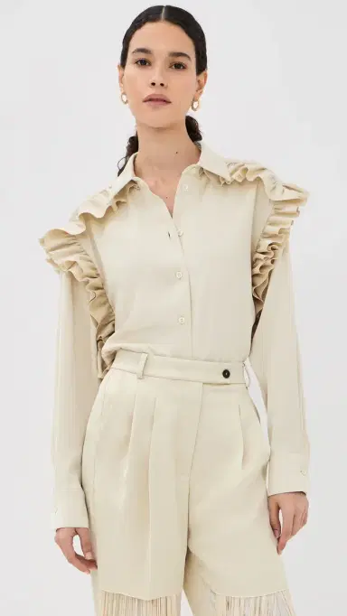 FRENKEN Satin Ruffled Button Down Shirt Butter 42 | Thumbnail 2