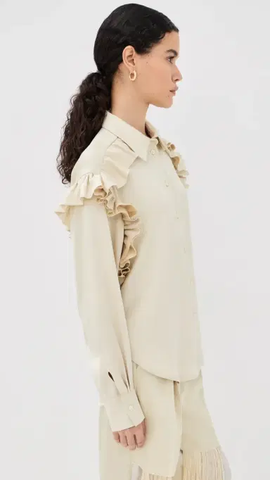 FRENKEN Satin Ruffled Button Down Shirt Butter 42 | Thumbnail 4