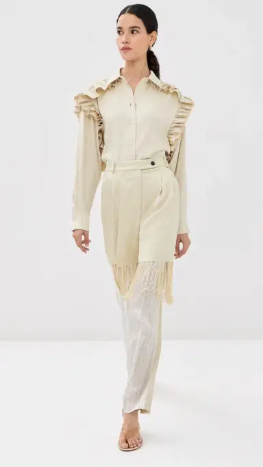 FRENKEN Satin Ruffled Button Down Shirt Butter 42 | Thumbnail 5