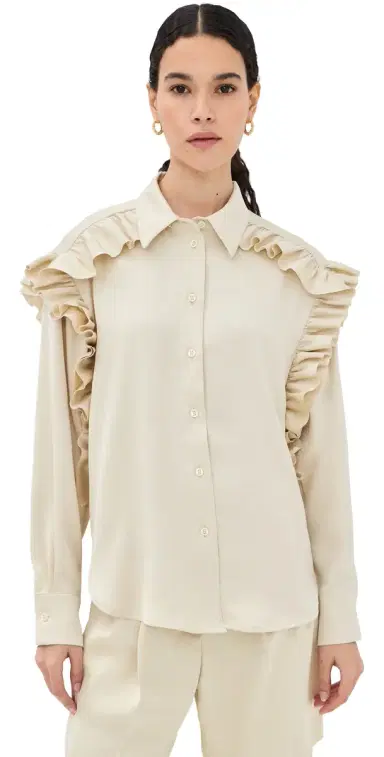 FRENKEN Satin Ruffled Button Down Shirt Butter 42 | Thumbnail 1