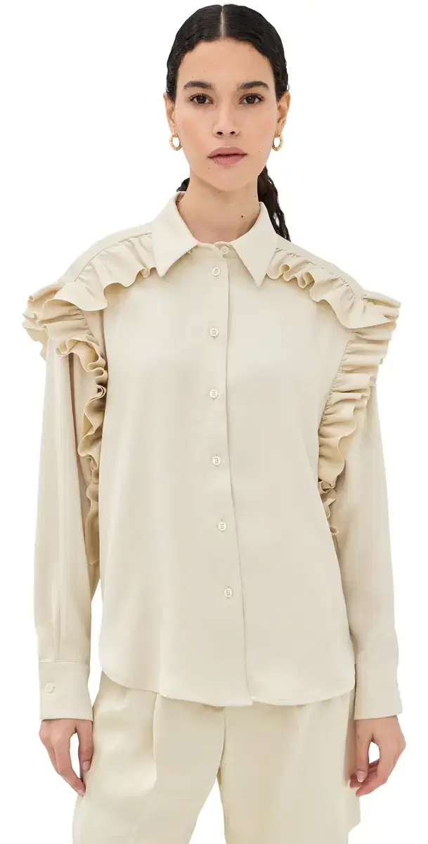 FRENKEN Satin Ruffled Button Down Shirt Butter