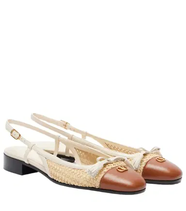 Valentino Garavani Valet Du Roi leather-trimmed raffia slingback flats | Thumbnail 1