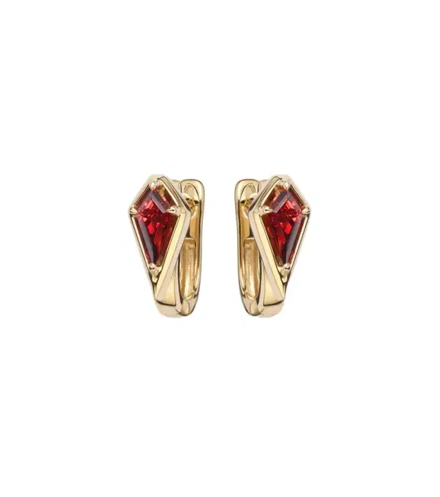 Stone and Strand Kite 14kt gold huggie earrings with garnet