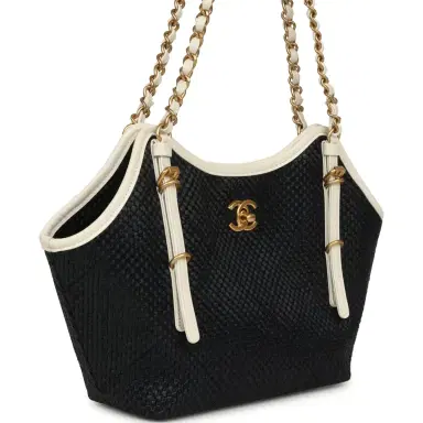 Chanel Chanel Small Coco Shopping Bag Black Raffia and White Calfskin Antique Gold Hardware | Thumbnail 2