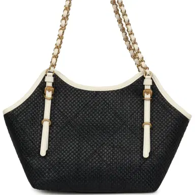 Chanel Chanel Small Coco Shopping Bag Black Raffia and White Calfskin Antique Gold Hardware | Thumbnail 4