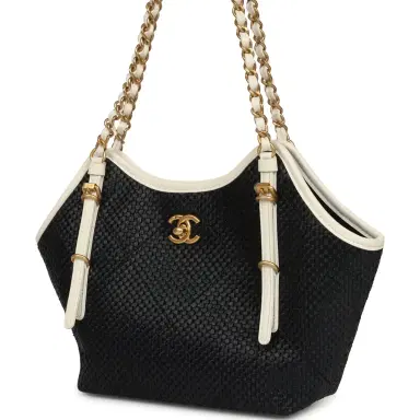 Chanel Chanel Small Coco Shopping Bag Black Raffia and White Calfskin Antique Gold Hardware | Thumbnail 5