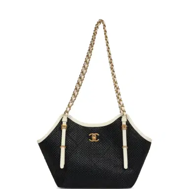 Chanel Chanel Small Coco Shopping Bag Black Raffia and White Calfskin Antique Gold Hardware | Thumbnail 7