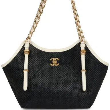 Chanel Chanel Small Coco Shopping Bag Black Raffia and White Calfskin Antique Gold Hardware | Thumbnail 1