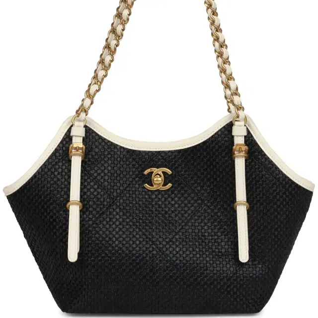 Chanel Chanel Small Coco Shopping Bag Black Raffia and White Calfskin Antique Gold Hardware