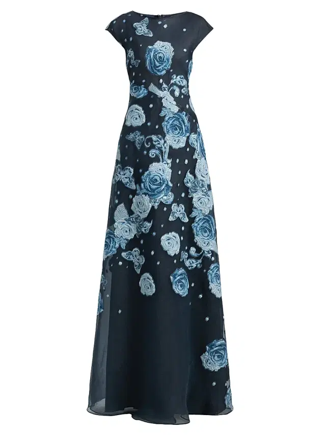 Teri Jon by Rickie Freeman Women's Organza Jacquard Gown - Navy Multi