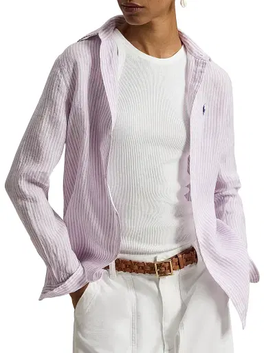 Polo Ralph Lauren Women's Striped Linen Sport Shirt - Light Mauve White | Thumbnail 3