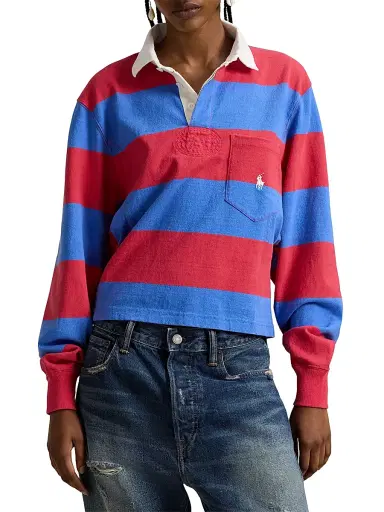 Polo Ralph Lauren Women's Striped Cotton Rugby Shirt - Sunset Red Greenwich Blue | Thumbnail 3 Polo Ralph Lauren Women's Striped Cotton Rugby Shirt - Sunset Red Greenwich Blue | Thumbnail 3
