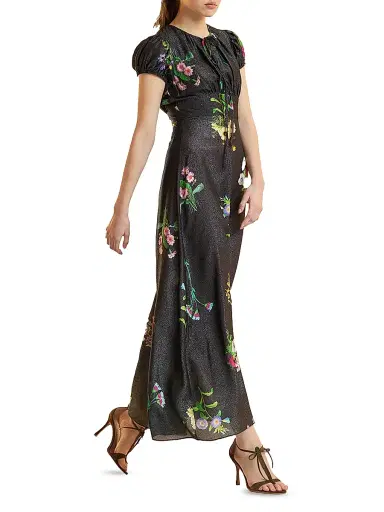 CYNTHIA ROWLEY Women's Printed Puff Sleeve Midi-Dress - Black Floral - Size 0 | Thumbnail 3
