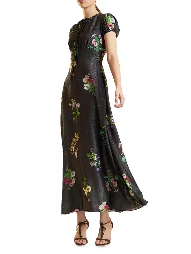 CYNTHIA ROWLEY Women's Printed Puff Sleeve Midi-Dress - Black Floral - Size 0 | Thumbnail 4