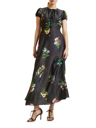 CYNTHIA ROWLEY Women's Printed Puff Sleeve Midi-Dress - Black Floral - Size 0 | Thumbnail 1