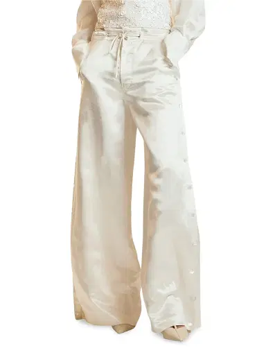 CYNTHIA ROWLEY Women's Breakaway Snap-Side Silk-Blend Wide-Leg Pants - White - Size Large | Thumbnail 1