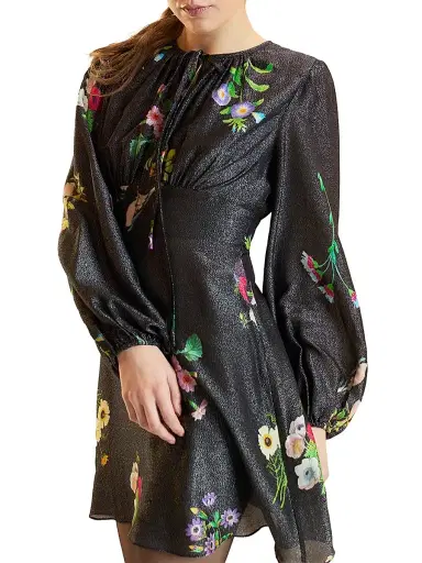 CYNTHIA ROWLEY Women's Floral Silk-Blend Puff-Sleeve Minidress - Black Floral - Size 8 | Thumbnail 2