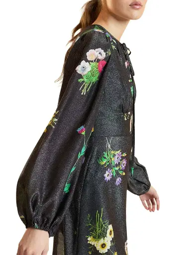 CYNTHIA ROWLEY Women's Floral Silk-Blend Puff-Sleeve Minidress - Black Floral - Size 8 | Thumbnail 3