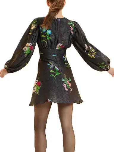 CYNTHIA ROWLEY Women's Floral Silk-Blend Puff-Sleeve Minidress - Black Floral - Size 8 | Thumbnail 4