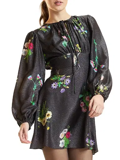 CYNTHIA ROWLEY Women's Floral Silk-Blend Puff-Sleeve Minidress - Black Floral - Size 8 | Thumbnail 5