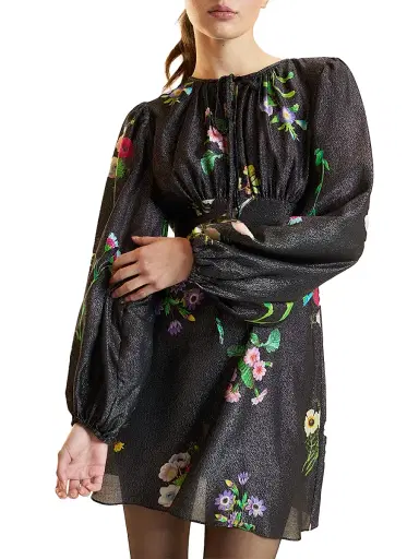 CYNTHIA ROWLEY Women's Floral Silk-Blend Puff-Sleeve Minidress - Black Floral - Size 8 | Thumbnail 1