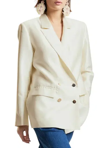 CYNTHIA ROWLEY Women's The Breakers Double-Breasted Wool-Silk Blazer - White - Size Large | Thumbnail 3