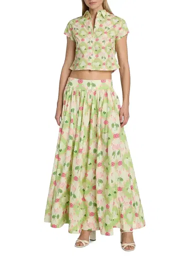 Verandah Women's Floral Cotton Poplin Crop Shirt - Sage Green And Lotus | Thumbnail 2