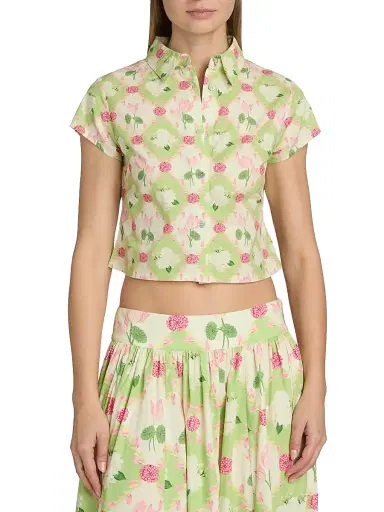 Verandah Women's Floral Cotton Poplin Crop Shirt - Sage Green And Lotus | Thumbnail 3