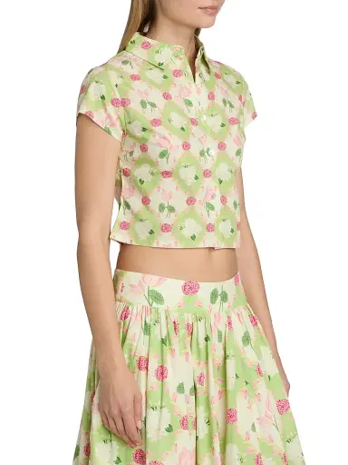 Verandah Women's Floral Cotton Poplin Crop Shirt - Sage Green And Lotus | Thumbnail 4