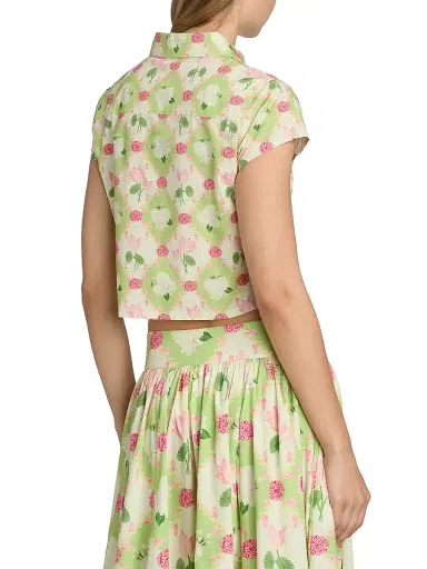Verandah Women's Floral Cotton Poplin Crop Shirt - Sage Green And Lotus | Thumbnail 5
