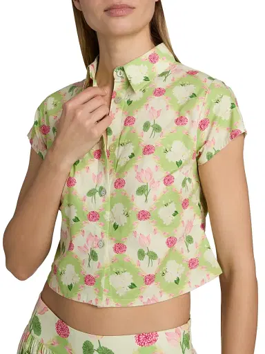 Verandah Women's Floral Cotton Poplin Crop Shirt - Sage Green And Lotus | Thumbnail 6