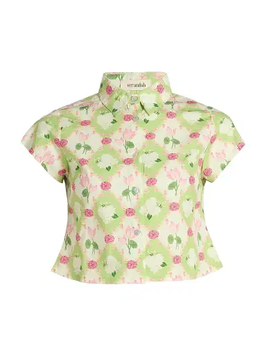 Verandah Women's Floral Cotton Poplin Crop Shirt - Sage Green And Lotus | Thumbnail 1