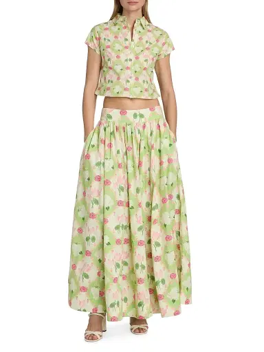 Verandah Women's Floral Paneled Cotton Maxi Skirt - Sage Green And Lotus | Thumbnail 2 Verandah Women's Floral Paneled Cotton Maxi Skirt - Sage Green And Lotus | Thumbnail 2