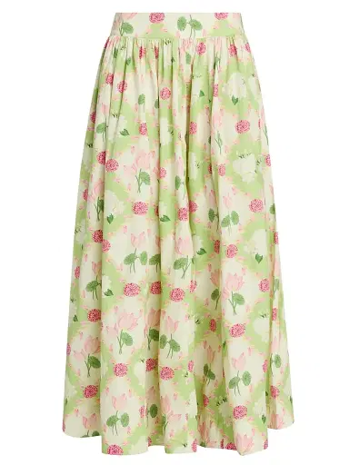 Verandah Women's Floral Paneled Cotton Maxi Skirt - Sage Green And Lotus | Thumbnail 1 Verandah Women's Floral Paneled Cotton Maxi Skirt - Sage Green And Lotus | Thumbnail 1