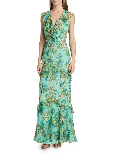 Saloni Women's Rita Floral Ruffled Silk Maxi Dress - Fiori Mint - Size 2 | Thumbnail 3 Saloni Women's Rita Floral Ruffled Silk Maxi Dress - Fiori Mint - Size 2 | Thumbnail 3