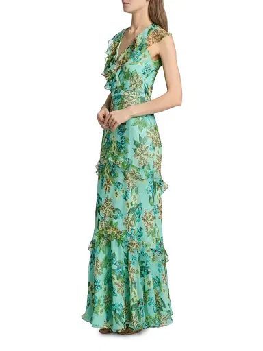 Saloni Women's Rita Floral Ruffled Silk Maxi Dress - Fiori Mint - Size 2 | Thumbnail 4 Saloni Women's Rita Floral Ruffled Silk Maxi Dress - Fiori Mint - Size 2 | Thumbnail 4