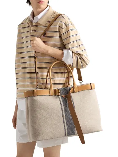 Prada Men's Buckle Canvas and Leather Tote Bag - Beige Khaki | Thumbnail 3 Prada Men's Buckle Canvas and Leather Tote Bag - Beige Khaki | Thumbnail 3