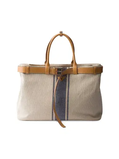 Prada Men's Buckle Canvas and Leather Tote Bag - Beige Khaki | Thumbnail 1 Prada Men's Buckle Canvas and Leather Tote Bag - Beige Khaki | Thumbnail 1