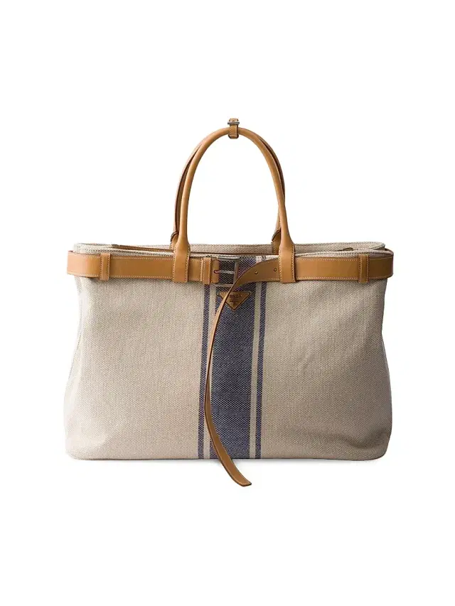 Prada Men's Buckle Canvas and Leather Tote Bag - Beige Khaki