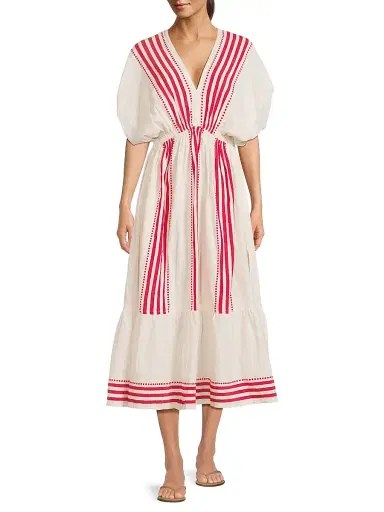 Lemlem Women's Leila Plunge Cotton-Blend Midi-Dress - Eshe Red - Size Medium | Thumbnail 2 Lemlem Women's Leila Plunge Cotton-Blend Midi-Dress - Eshe Red - Size Medium | Thumbnail 2