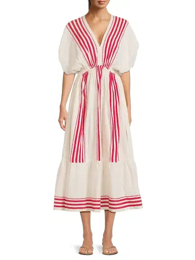 Lemlem Women's Leila Plunge Cotton-Blend Midi-Dress - Eshe Red - Size Medium | Thumbnail 3 Lemlem Women's Leila Plunge Cotton-Blend Midi-Dress - Eshe Red - Size Medium | Thumbnail 3