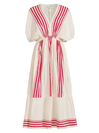 Lemlem Women's Leila Plunge Cotton-Blend Midi-Dress - Eshe Red - Size Medium | Thumbnail 1 Lemlem Women's Leila Plunge Cotton-Blend Midi-Dress - Eshe Red - Size Medium | Thumbnail 1