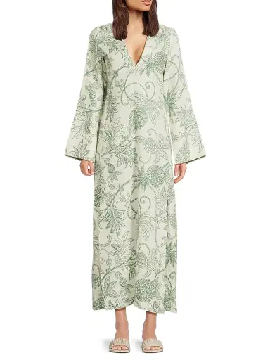 Lemlem Women's Theodora Linen Caftan Dress - Mokata Green - Size Large | Thumbnail 2 Lemlem Women's Theodora Linen Caftan Dress - Mokata Green - Size Large | Thumbnail 2